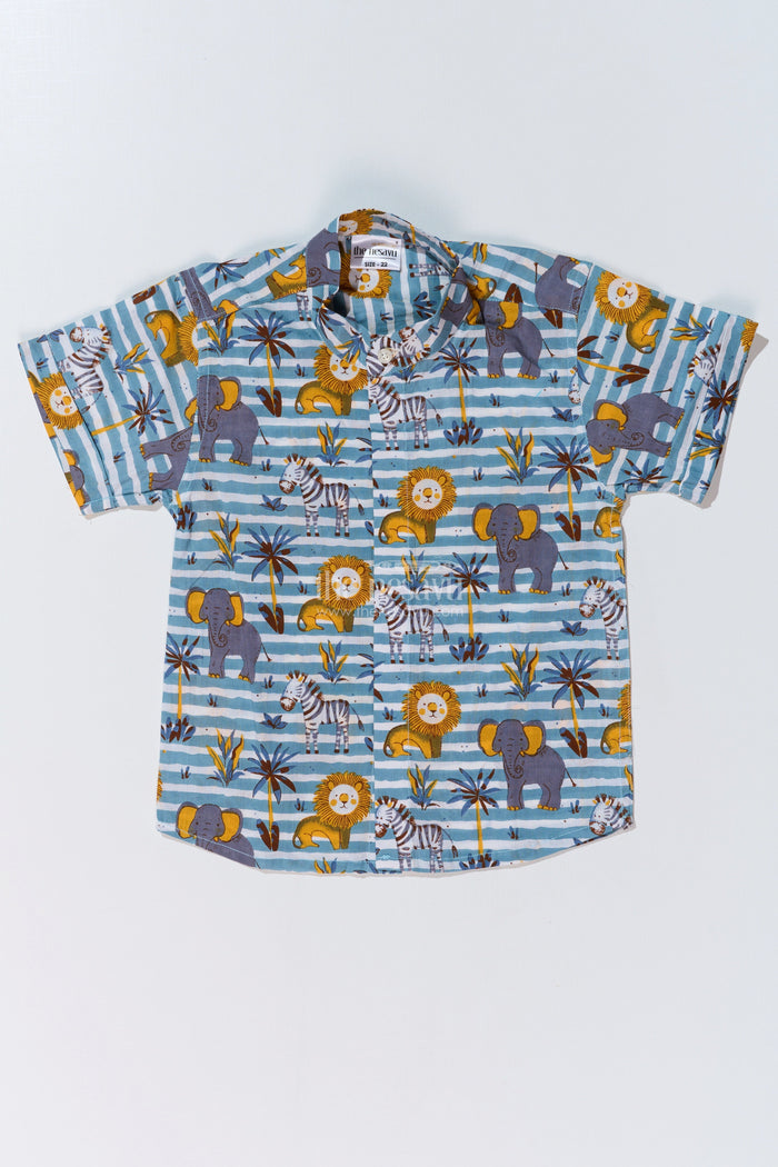 The Nesavu Boys Cotton Shirt Boys Safari Print Cotton Block Shirt with Half Sleeves in Blue Striped Design Nesavu 16 (1Y) / Blue BS241B-16 Boys Safari Print Cotton Block Shirt Half Sleeves Blue Striped Design | The Nesavu