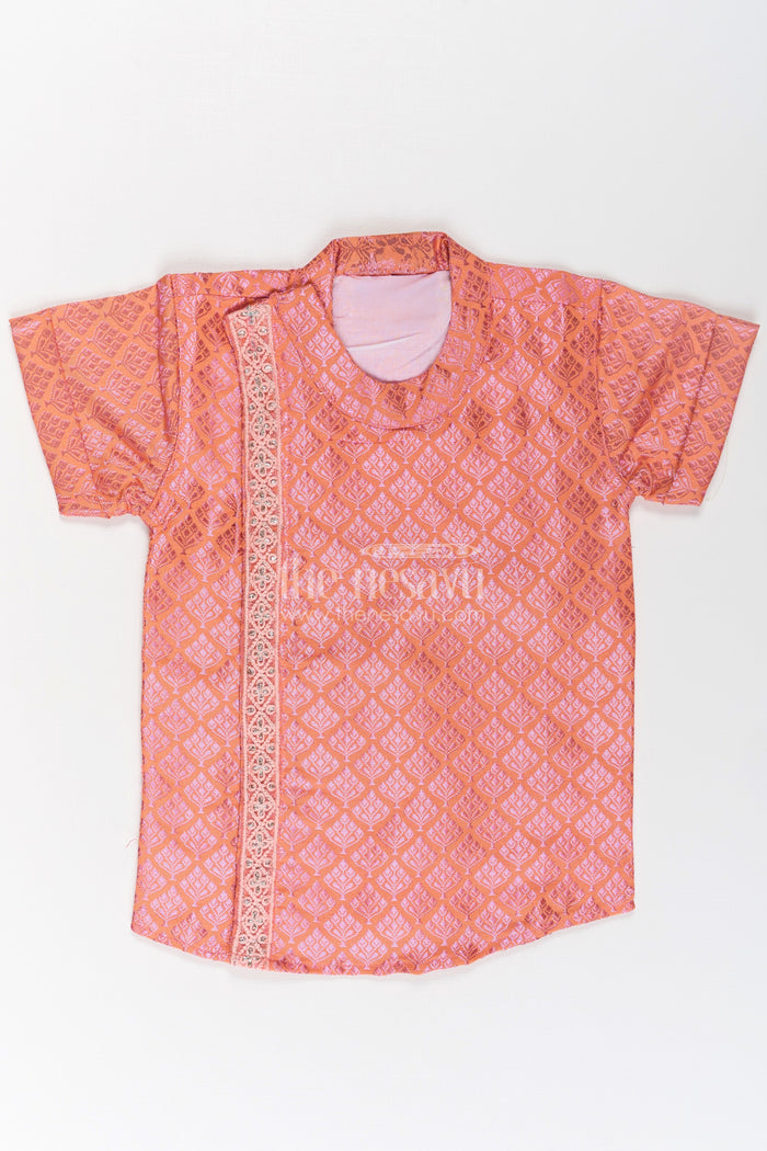 The Nesavu Boys Silk Shirt Boys Semi Banaras Silk Shirt Pink with Traditional Motif Weave and Ornamental Front Detailing Nesavu 16 (1Y) / Pink BS253A-16 Semi Banaras Silk Shirt Pink Boys All Over Traditional Motifs Designer Zari Trim | The Nesavu