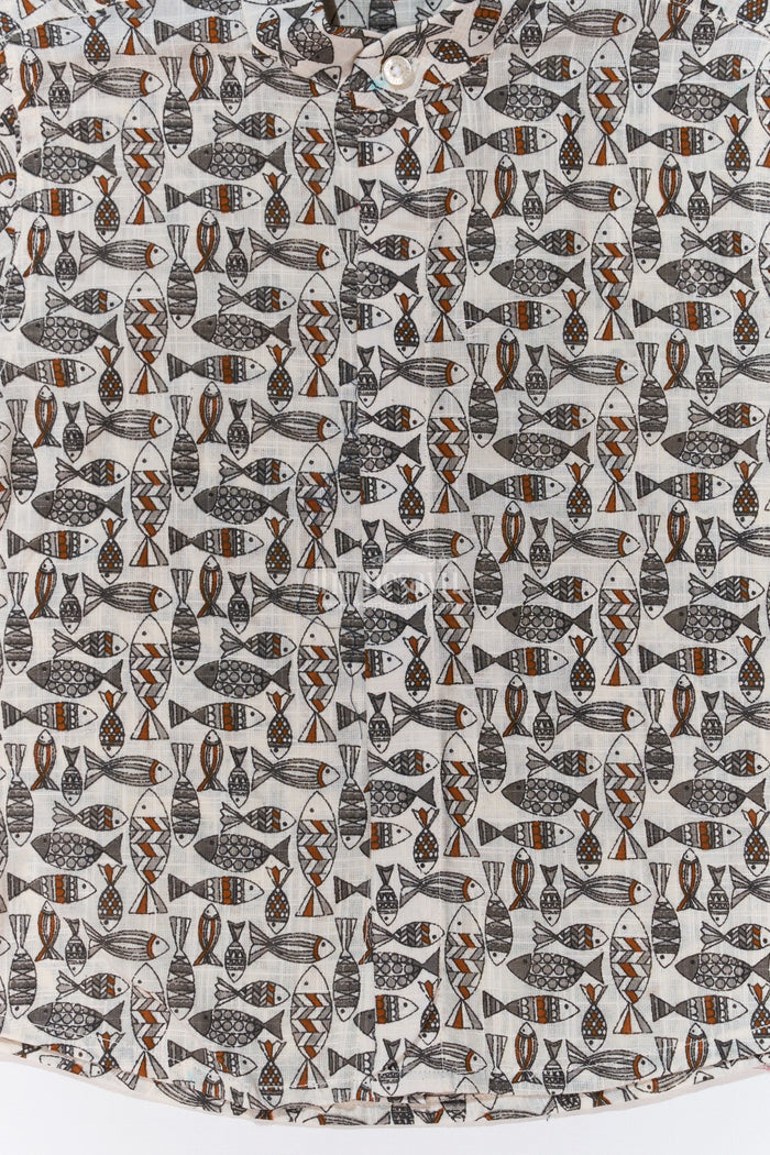 The Nesavu Boys Cotton Shirt Boys Shirt Casual Dresses in Cotton Block Print with Tribal Fish Design Nesavu Boys Shirt Casual Dresses Cotton Block Print Ethnic Fish Pattern | The Nesavu