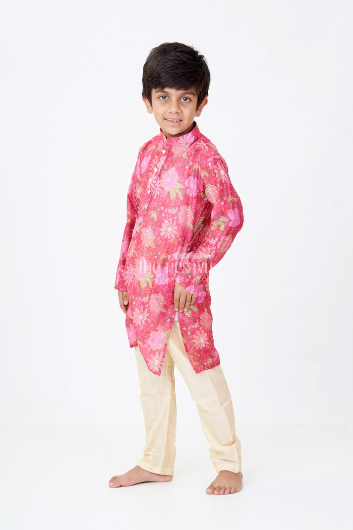 The Nesavu Boys Kurtha Set Boys Silk Cotton Maroon Kurta Set with Self Embroidery and Floral Digital Print Accents Nesavu 20 (3Y) / Pink BES675C-20 Boys Silk Cotton Maroon Kurta Set Self Embroidery Floral Digital Print Highlights | The Nesavu