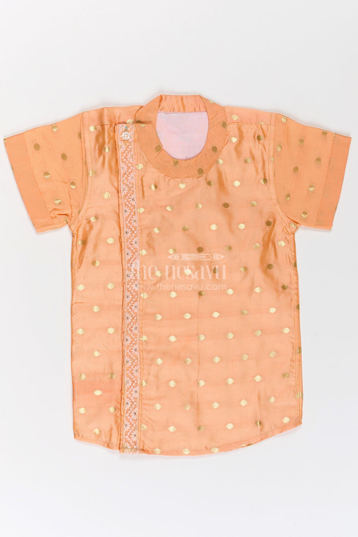 The Nesavu Boys Silk Shirt Boys Silk Dress Shirt in Banaras Designer Fabric with Subtle Zari Motif and Embroidered Trim Nesavu 16 (1Y) / Gold BS252A-16 Boys silk dress shirt Banaras Designer Fabric Golden Motifs Embroidered Trim | The Nesavu