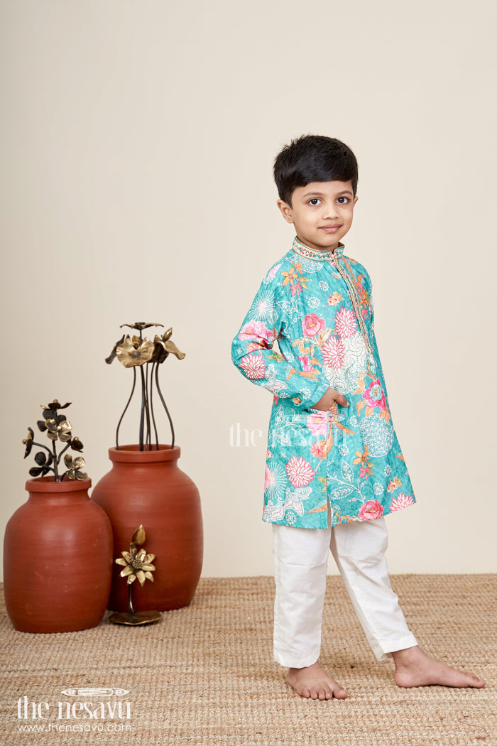 The Nesavu Boys Kurtha Set Boys silk kurta set for celebrations and cultural functions Nesavu 16 (1Y) / Green BES889A-16 Nesavu boys silk kurta set digital print sequin work  perfect festive school functions