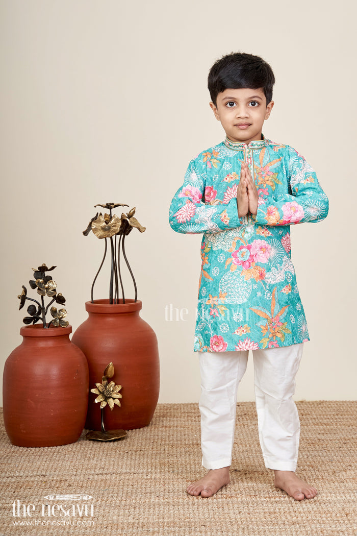 The Nesavu Boys Kurtha Set Boys silk kurta set for celebrations and cultural functions Nesavu Nesavu boys silk kurta set digital print sequin work  perfect festive school functions