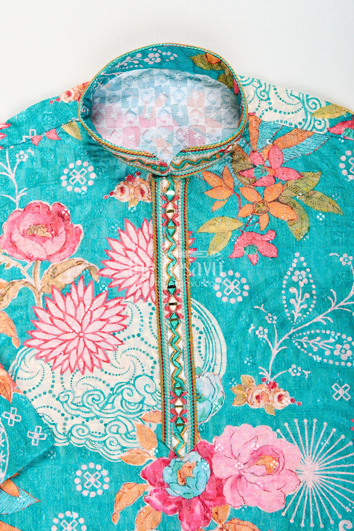 The Nesavu Boys Kurtha Set Boys silk kurta set for celebrations and cultural functions Nesavu Nesavu boys silk kurta set digital print sequin work  perfect festive school functions