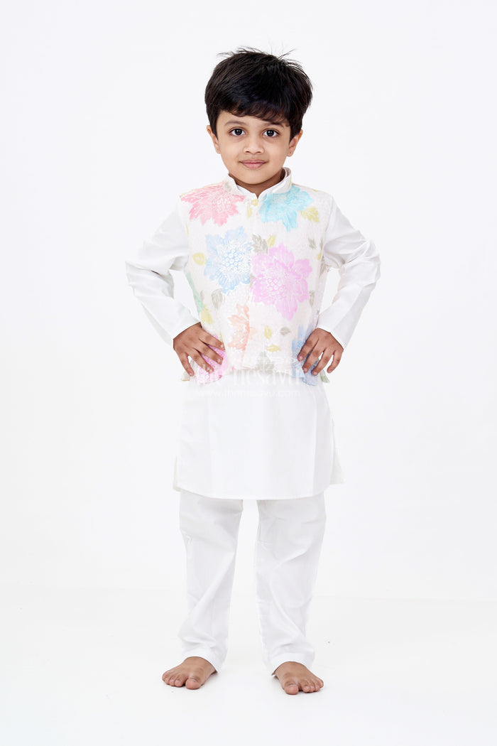 The Nesavu Boys Kurtha Set Boys Simple White Kurta Set with Sequin Floral Digital Print Jacket in Soft Silk Blend Nesavu 14 (6M) / White BES682A-14 Nesavu Boys Simple White Kurta Pastel Sequin Floral Print Jacket Silk Blend