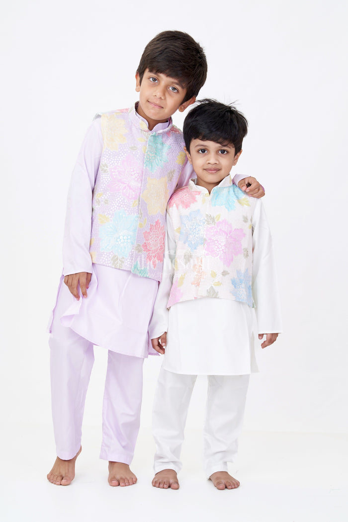 The Nesavu Boys Kurtha Set Boys Simple White Kurta Set with Sequin Floral Digital Print Jacket in Soft Silk Blend Nesavu Nesavu Boys Simple White Kurta Pastel Sequin Floral Print Jacket Silk Blend