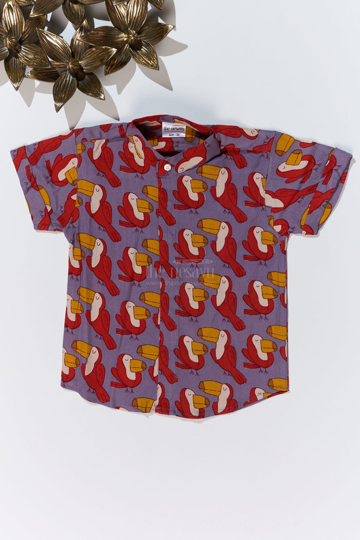 The Nesavu Boys Cotton Shirt Boys Smart Casual Shirts Men’s Style with Toucan Print in Soft Rayon for a Trendy Look Nesavu 16 (1Y) / Purple BS240C-16 Nesavu Boys Smart Casual Shirt Toucan Print Soft Rayon Stylish Outings