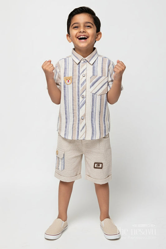 The Nesavu Boys Casual Set Boys Striped Cotton Casual Set for Summer Comfort and Family Functions Nesavu 16 (1Y) / Beige BCS459A-16 Nesavu boys striped cotton outfit ethnic casual wear temple visits summer outings