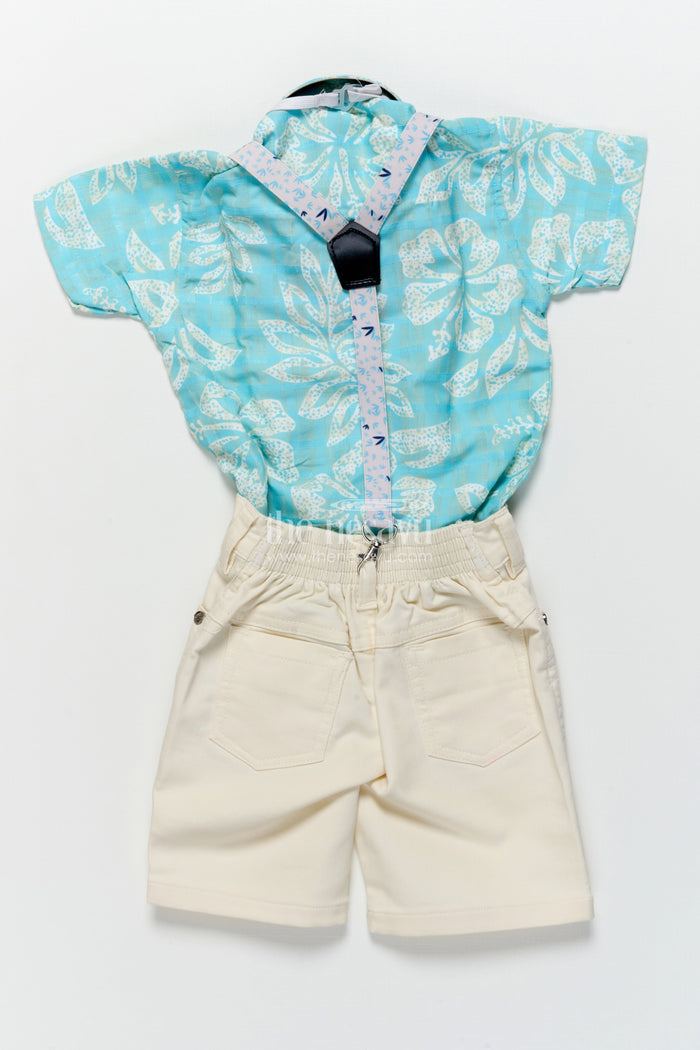 The Nesavu Boys Casual Set Boys Suspender Outfit Set with Leaf Print for Family Functions and Celebrations Nesavu Nesavu boys tropical digital print suspender set bow tie family events celebrations
