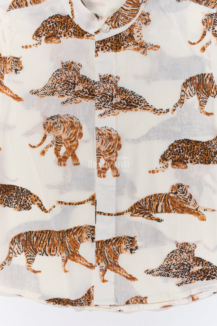 The Nesavu Boys Cotton Shirt Boys Tiger Print Half Shirt in Cotton Block Print with Wild Jungle Theme Nesavu Nesavu Boys Tiger Print Half Shirt Cotton Block Print Jungle Wildlife Theme