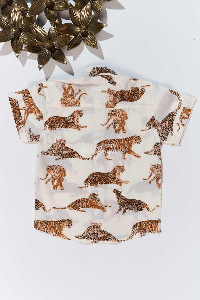 The Nesavu Boys Cotton Shirt Boys Tiger Print Half Shirt in Cotton Block Print with Wild Jungle Theme Nesavu Nesavu Boys Tiger Print Half Shirt Cotton Block Print Jungle Wildlife Theme