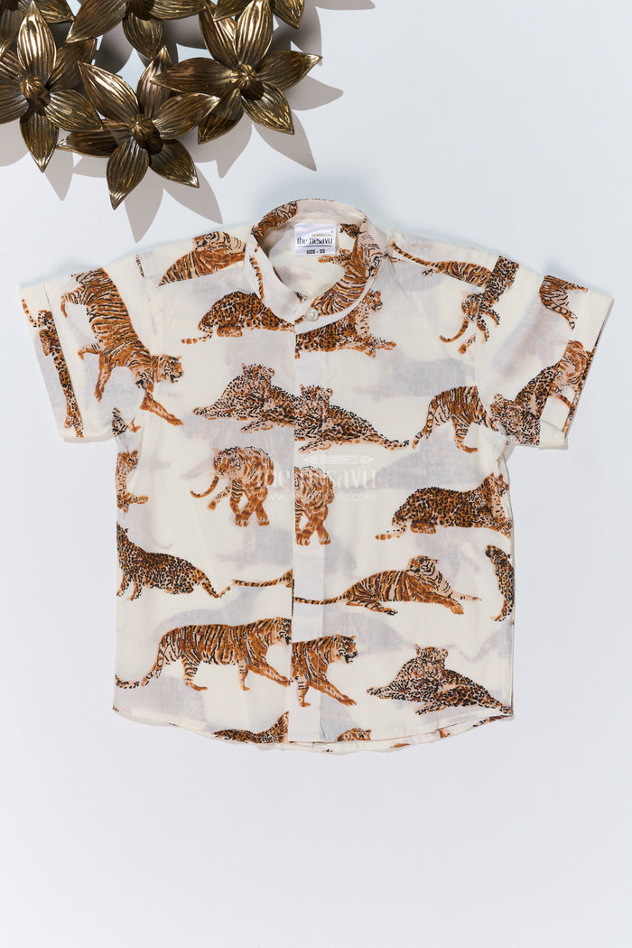 The Nesavu Boys Cotton Shirt Boys Tiger Print Half Shirt in Cotton Block Print with Wild Jungle Theme Nesavu 16 (1Y) / White BS239A-16 Boys Tiger Print Half Shirt Cotton Block Print Jungle Wildlife Theme | The Nesavu