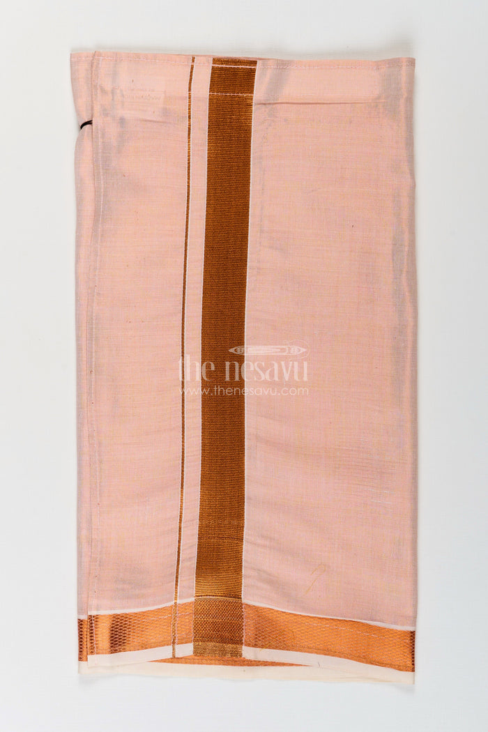 The Nesavu Boys Vesti Boys Tissue Dhoti in Light Peach with Copper Zari Border for Flexible Traditional Wear in Adjustable Dhoti Style Nesavu Boys Adjustable Dhoti Peach Tissue Copper Zari Border Traditional Versatility | The Nesavu