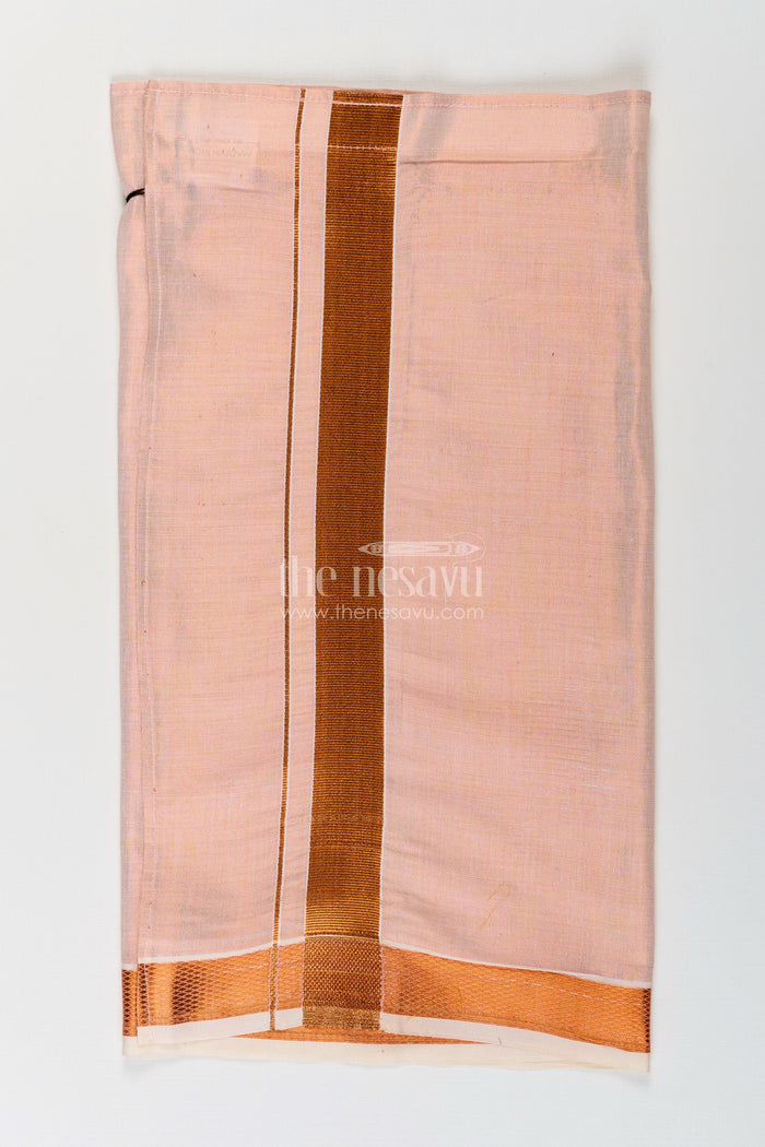 The Nesavu Boys Vesti Boys Tissue Dhoti in Light Peach with Copper Zari Border for Flexible Traditional Wear in Adjustable Dhoti Style Nesavu 16 (1Y) / Brown D023A-16 Boys Adjustable Dhoti Peach Tissue Copper Zari Border Traditional Versatility | The Nesavu