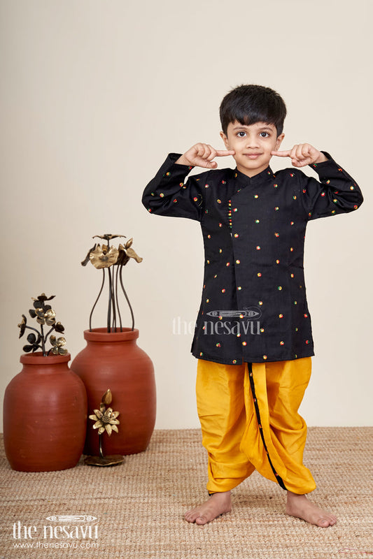 The Nesavu Boys Dothi Set Boys traditional dothi set with embroidered kurta Nesavu 12 (3M) / Black BES867A-12 Nesavu boys cotton embroidered dothi kurta set  ideal traditional events