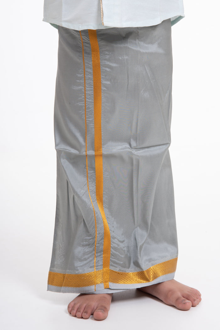 The Nesavu Boys Vesti Boys Traditional Grey Silk Dhoti with Golden Accents Nesavu 14 (6M) / Gray / Blend Silk D008A-14 Buy Boys Grey Silk Dhoti with Golden Design Online | The Nesavu