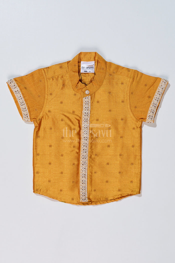 The Nesavu Boys Silk Shirt Boys Trendy Yellow Shirt in Silk Blend with Embroidered Accents for Festive and Cultural Wear Nesavu 16 (1Y) / Gold BS232A-16 Nesavu Boys Trendy Yellow Silk Shirt Embroidered Accents Short Sleeves