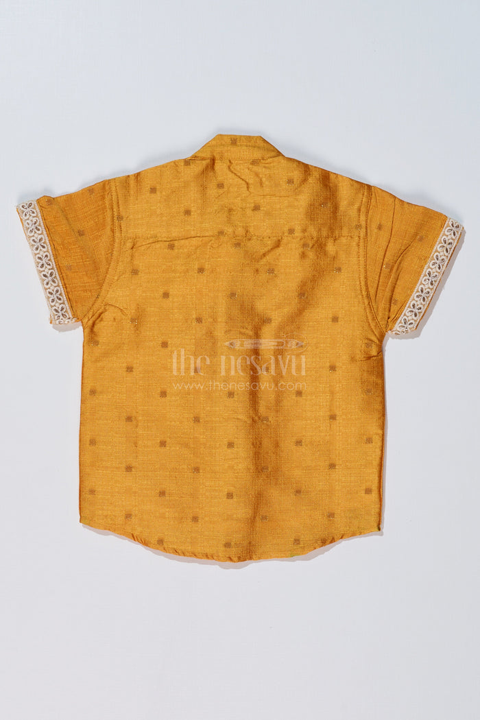 The Nesavu Boys Silk Shirt Boys Trendy Yellow Shirt in Silk Blend with Embroidered Accents for Festive and Cultural Wear Nesavu Nesavu Boys Trendy Yellow Silk Shirt Embroidered Accents Short Sleeves