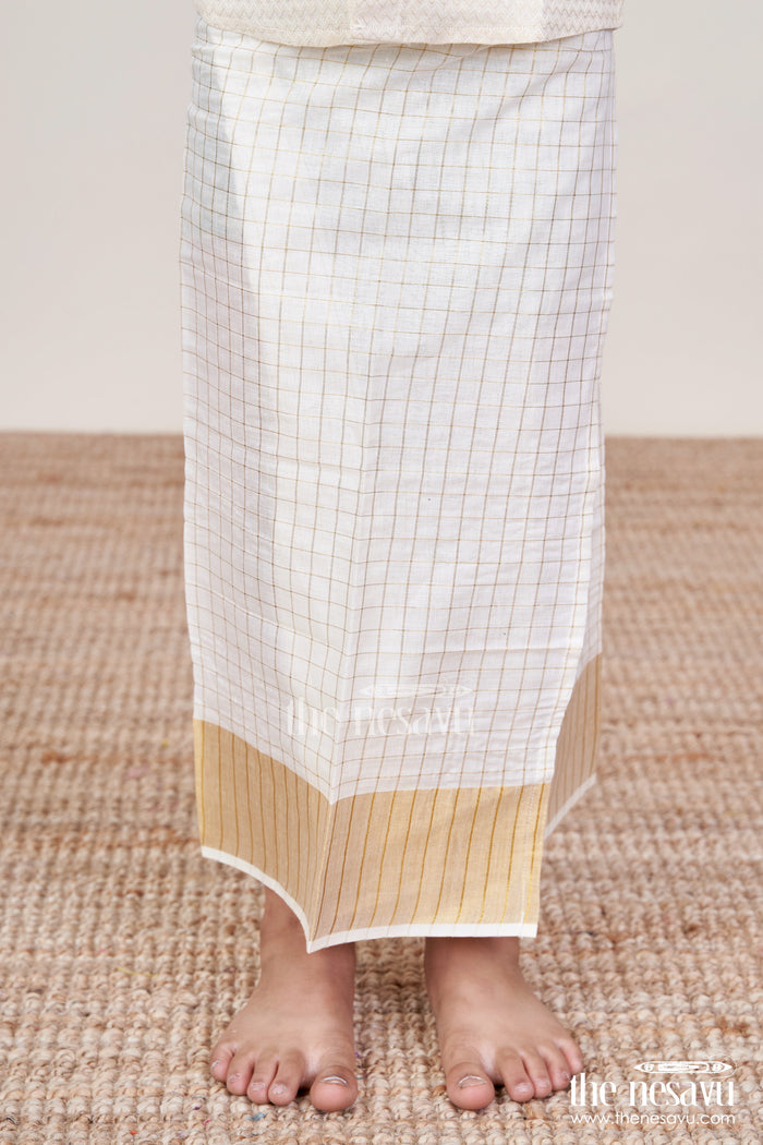 The Nesavu Boys Vesti Boys Vesti for Traditional Family Occasions and Rituals Nesavu 16 (1Y) / Gold D037A-16 Nesavu boys vesti checked pattern gold border pujas traditional events