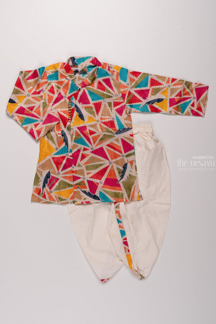 The Nesavu Boys Dothi Set Boys Vibrant Geometric Kurta with Pristine White Dhoti - Colorful Festive Wear Nesavu 12 (3M) / multicolor / Cotton BES446A-12 Boys Multi-Color Geometric Patterned Kurta & White Dhoti | Dynamic Traditional Ensemble | The Nesavu