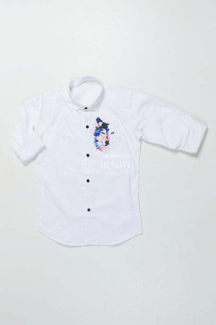 The Nesavu Boys Cotton Shirt Boys White Cotton Shirt with Multicolor Wolf Face Print Trendy Smart Casual Nesavu 26 (6Y) / Half white BS352A-26 Boys white shirt multicolor wolf print cotton blend smart casual shirt