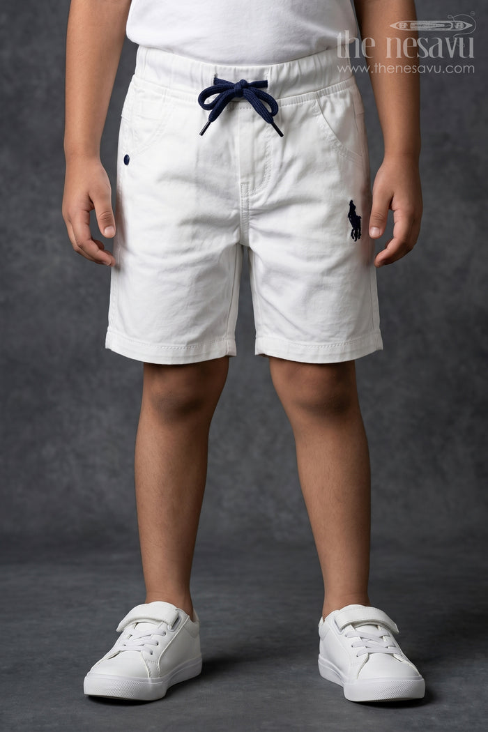 The Nesavu Boys Shorts Boys White Cotton Shorts with Emblem Detail Nesavu 18 (2Y) / White / Cotton BWS001A-18 Boys White Cotton Casual Shorts | The Nesavu