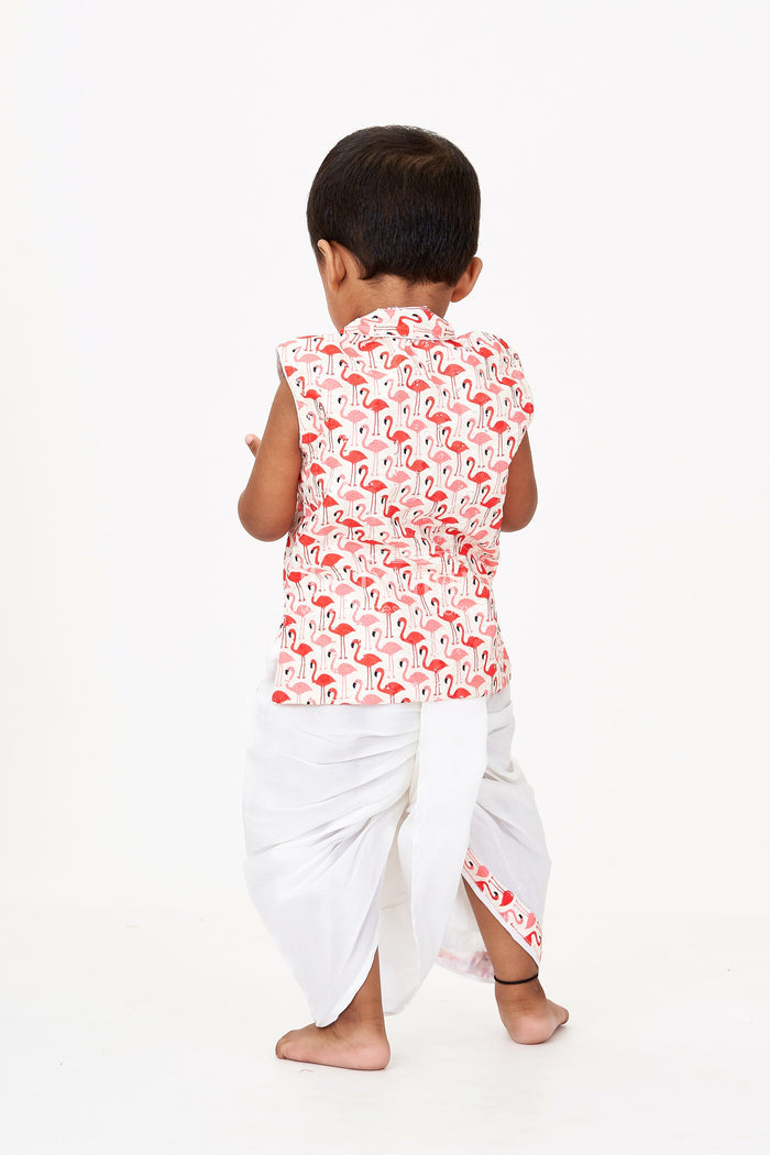 The Nesavu Boys Dothi Set Boys White Dothi Set with Red Flamingo Print Jacket in Cotton Blend Fabric Nesavu Nesavu Boys White Dothi Set Red Flamingo Print Jacket Cotton Blend