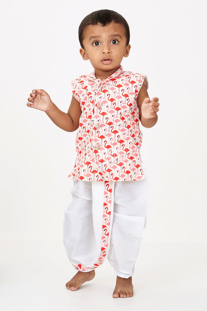 The Nesavu Boys Dothi Set Boys White Dothi Set with Red Flamingo Print Jacket in Cotton Blend Fabric Nesavu Boys White Dothi Set Red Flamingo Print Jacket Cotton Blend | The Nesavu