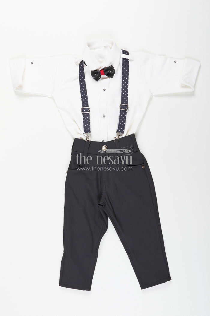 The Nesavu Boys Casual Set Boys white party outfit with suspenders and cap set Nesavu 14 (6M) / Blue / Style 1 BCS398AA-14 Nesavu boys formal party outfit with bowtie, suspenders, and cap perfect for birthdays and weddings