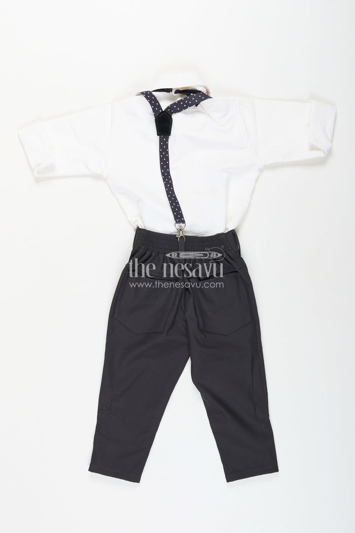 The Nesavu Boys Casual Set Boys white party outfit with suspenders and cap set Nesavu Nesavu boys formal party outfit with bowtie, suspenders, and cap perfect for birthdays and weddings