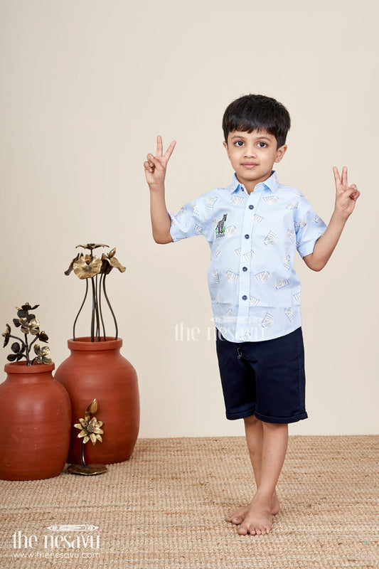 The Nesavu Boys Casual Set Boys white zebra print shirt and denim shorts set Nesavu 14 (6M) / Blue BCS394A-14 Nesavu boys white zebra print shirt and black denim shorts set stylish casual outfit