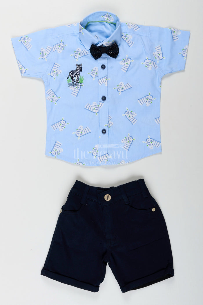 The Nesavu Boys Casual Set Boys white zebra print shirt and denim shorts set Nesavu Nesavu boys white zebra print shirt and black denim shorts set stylish casual outfit