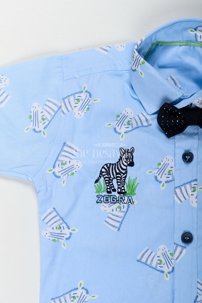 The Nesavu Boys Casual Set Boys white zebra print shirt and denim shorts set Nesavu Nesavu boys white zebra print shirt and black denim shorts set stylish casual outfit