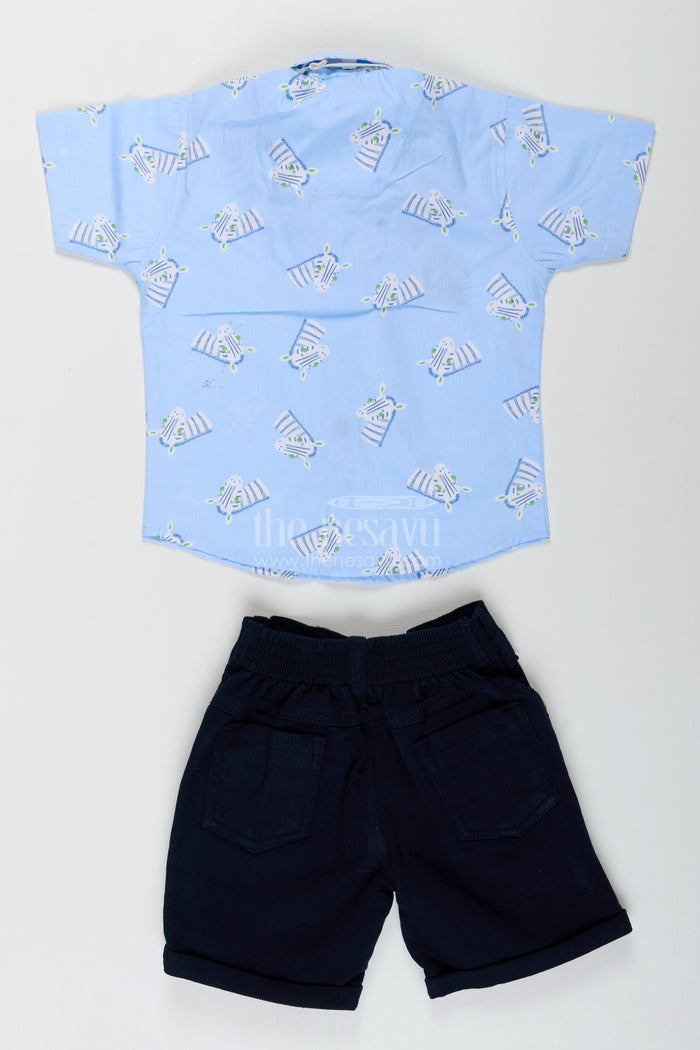 The Nesavu Boys Casual Set Boys white zebra print shirt and denim shorts set Nesavu Nesavu boys white zebra print shirt and black denim shorts set stylish casual outfit