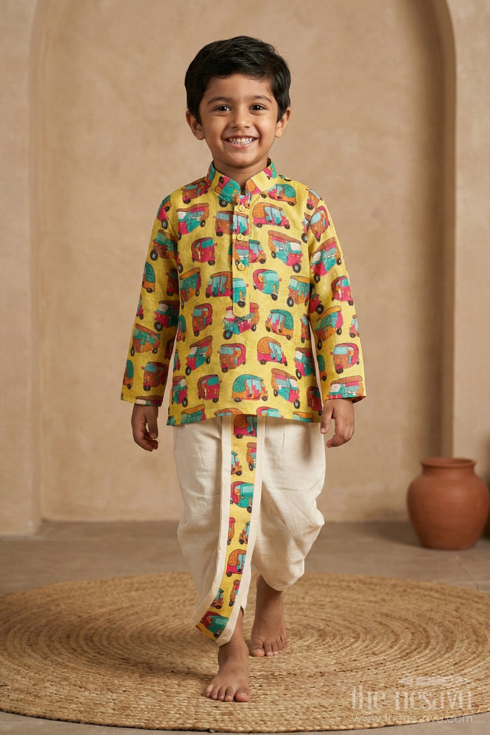 The Nesavu Boys Dothi Set Boys Yellow Kurta with Rickshaw Print and Off-White Dhoti Set for Festive Celebrations Nesavu 12 (3M) / Multicolor BES580A-12 Nesavu Boys Yellow Kurta Off-White Dhoti Set Rickshaw Print Festivals Special Occasions