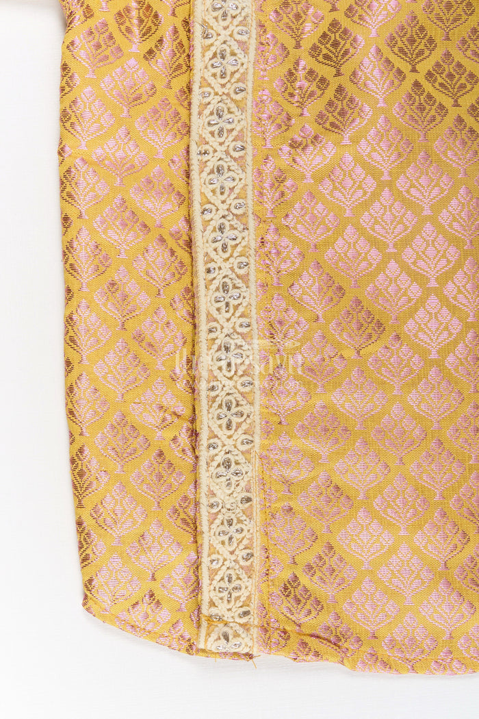 The Nesavu Boys Silk Shirt Boys Yellow Silk Shirt in Semi Banaras Weave with Gold Accents and Ornate Side Panel Detail Nesavu Yellow Silk Shirt Boys Semi Banaras Fabric Shimmer Motifs Zari Side Panel | The Nesavu