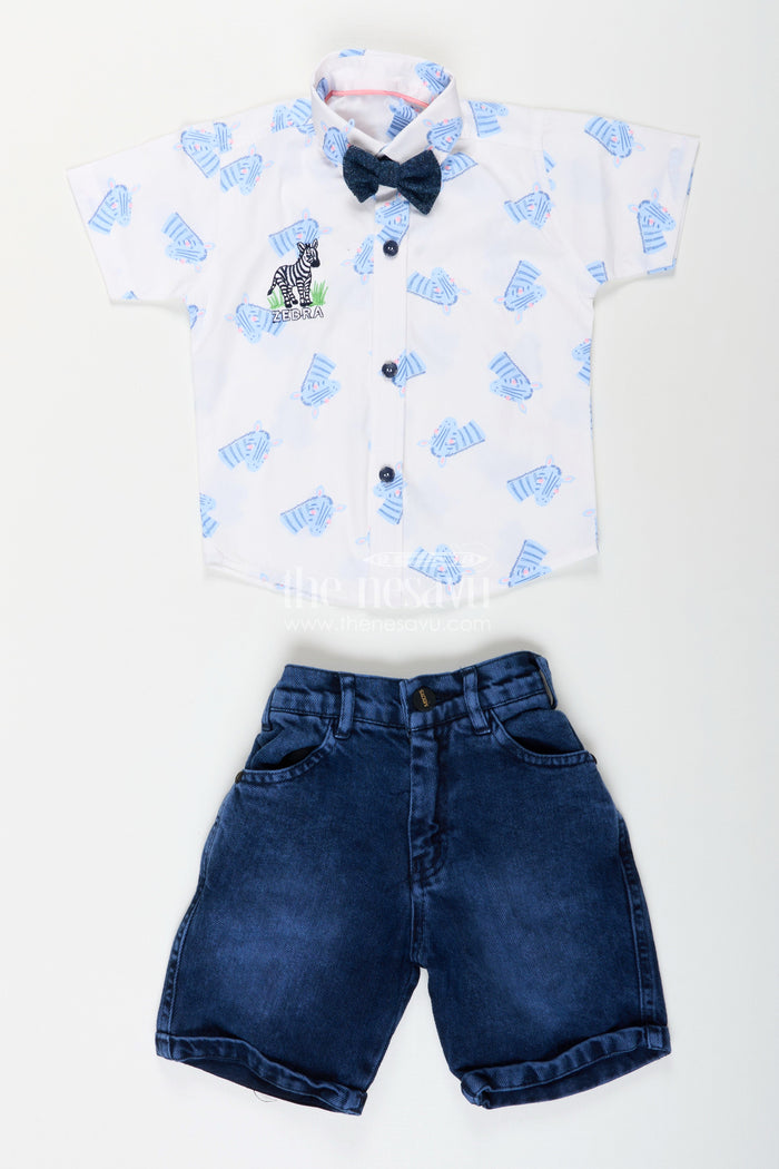 The Nesavu Boys Casual Set Boys zebra print shirt and denim shorts set for animal-themed outings Nesavu Nesavu boys zebra print cotton shirt and denim shorts set perfect for casual summer fun