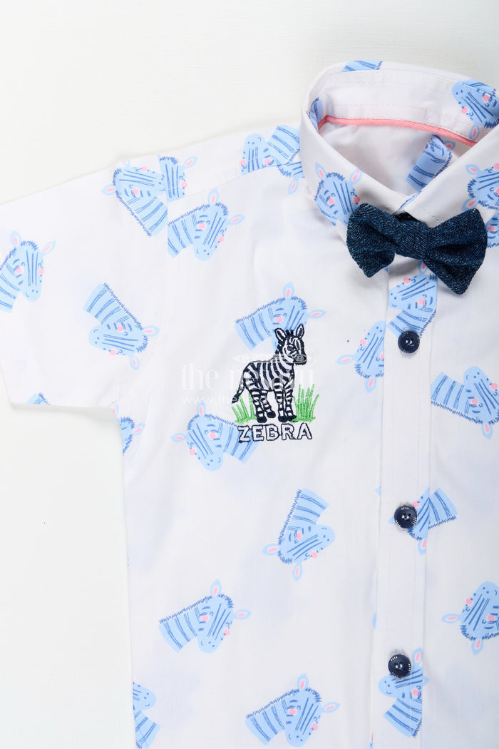 The Nesavu Boys Casual Set Boys zebra print shirt and denim shorts set for animal-themed outings Nesavu Nesavu boys zebra print cotton shirt and denim shorts set perfect for casual summer fun