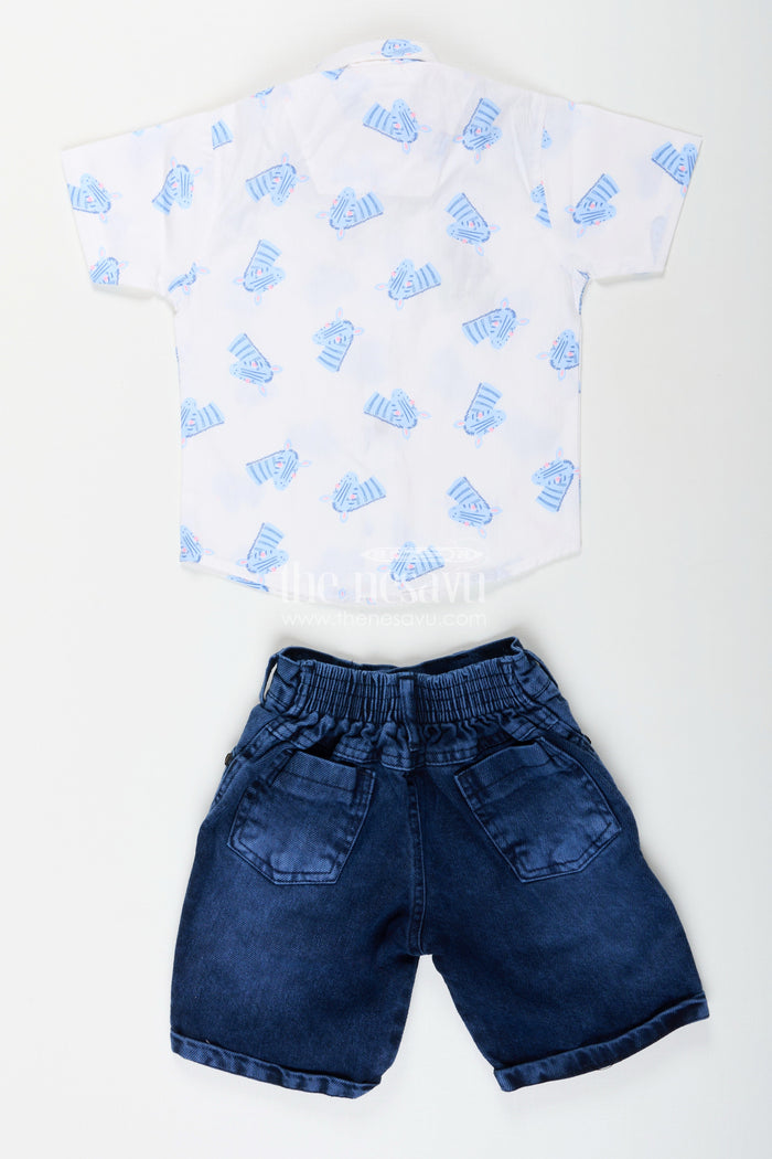 The Nesavu Boys Casual Set Boys zebra print shirt and denim shorts set for animal-themed outings Nesavu Nesavu boys zebra print cotton shirt and denim shorts set perfect for casual summer fun