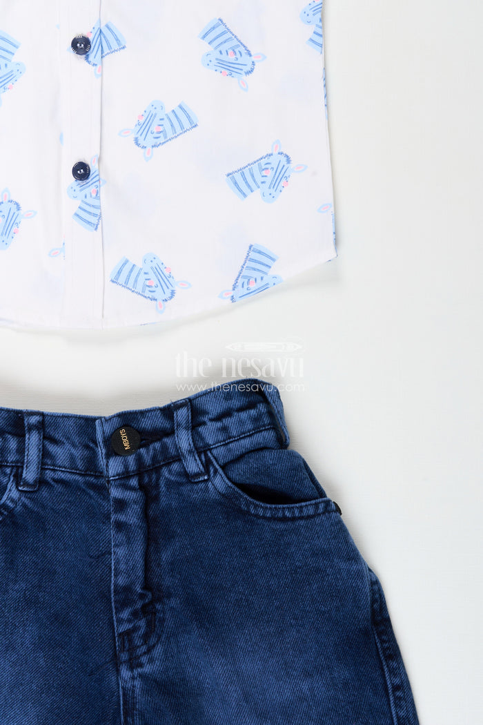 The Nesavu Boys Casual Set Boys zebra print shirt and denim shorts set for animal-themed outings Nesavu Nesavu boys zebra print cotton shirt and denim shorts set perfect for casual summer fun
