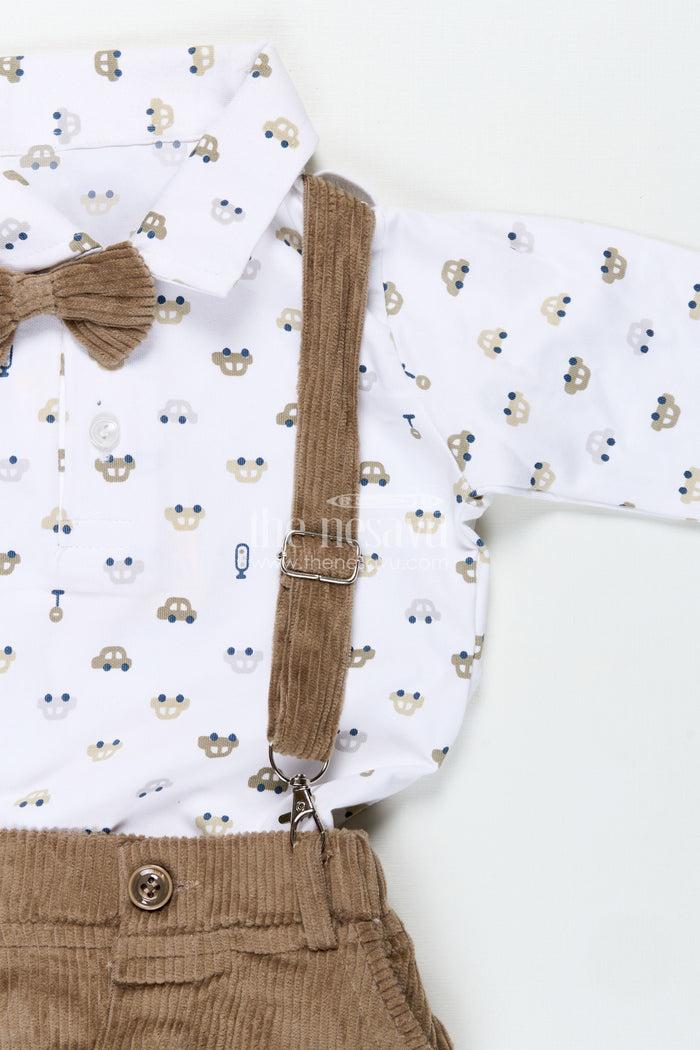 The Nesavu Boys Casual Set Brown Shirt and Pant Set for Boys in Knitted Cotton Jersey with Corduroy Bottom and Classic Accessories Nesavu Nesavu Brown Shirt Pant Set Boys Cotton Jersey Corduroy Bottom Matching Cap