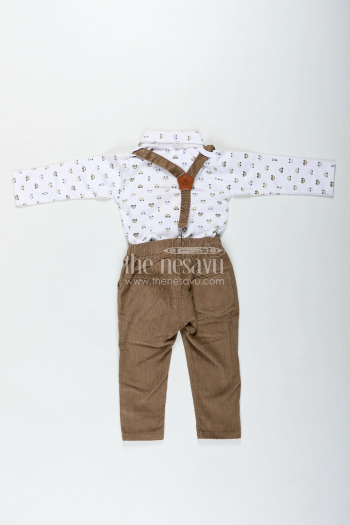 The Nesavu Boys Casual Set Brown Shirt and Pant Set for Boys in Knitted Cotton Jersey with Corduroy Bottom and Classic Accessories Nesavu Nesavu Brown Shirt Pant Set Boys Cotton Jersey Corduroy Bottom Matching Cap