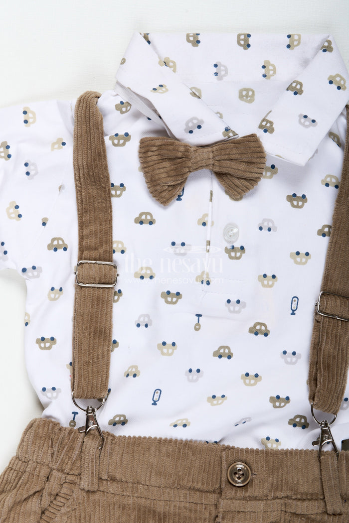 The Nesavu Boys Casual Set Brown Shirt and Pant Set for Boys in Knitted Cotton Jersey with Corduroy Bottom and Classic Accessories Nesavu Nesavu Brown Shirt Pant Set Boys Cotton Jersey Corduroy Bottom Matching Cap