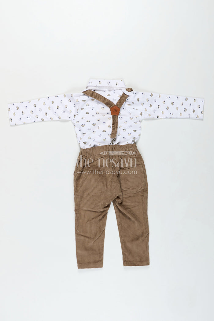 The Nesavu Boys Casual Set Brown Shirt and Pant Set for Boys in Knitted Cotton Jersey with Corduroy Bottom and Classic Accessories Nesavu Nesavu Brown Shirt Pant Set Boys Cotton Jersey Corduroy Bottom Matching Cap