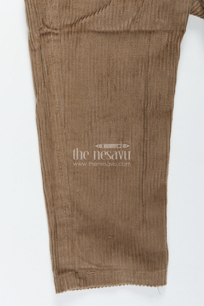 The Nesavu Boys Casual Set Brown Shirt and Pant Set for Boys in Knitted Cotton Jersey with Corduroy Bottom and Classic Accessories Nesavu Nesavu Brown Shirt Pant Set Boys Cotton Jersey Corduroy Bottom Matching Cap