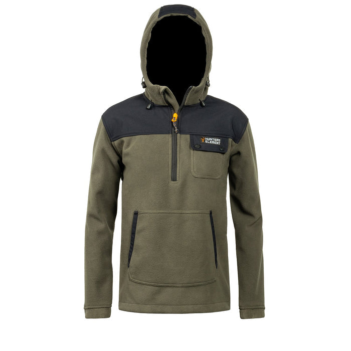 A kid's half zip bush coat in green color with a hood, featuring a chest pocket and made from recycled plastic bottles fabric.