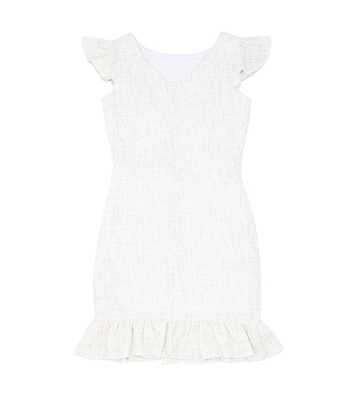 By Debra Girls Clare White/Silver Boucle Ruffle Bottom Sheath Dress Girls Special Dresses By Debra