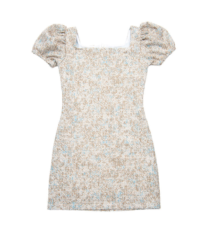 By Debra Girls Juliet Square Neck Puff Sleeve Dress Ivory/Blue Boucle Girls Special Dresses By Debra Ivory/Blue Y/S (7/8)