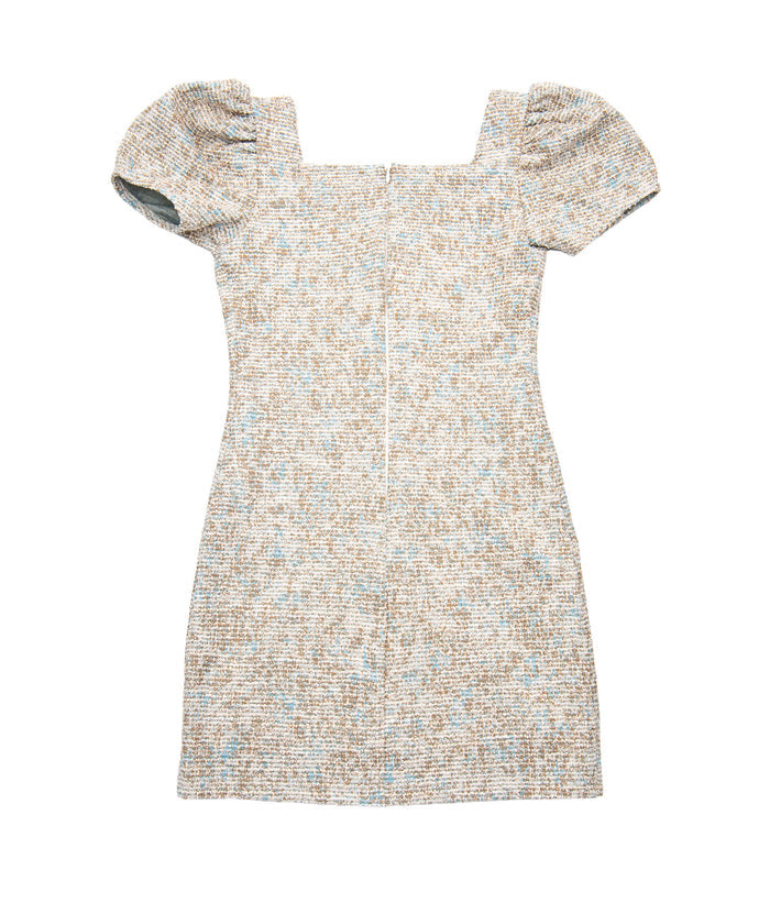 By Debra Girls Juliet Square Neck Puff Sleeve Dress Ivory/Blue Boucle Girls Special Dresses By Debra