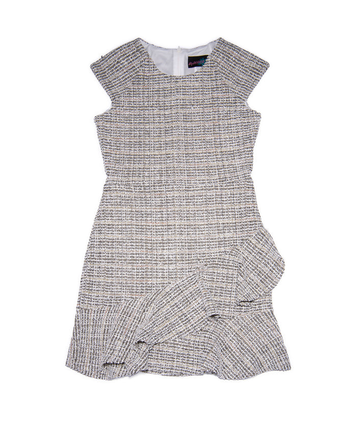 By Debra Girls Kate Black/White/Gold Slanted Ruffle Dress Girls Special Dresses By Debra Black/White Y/XS (6X)